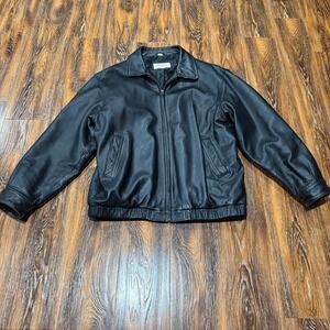 ST John's Bay Mens Leather Bomber Jacket Size XLT Black Quilted Liner Full Zip